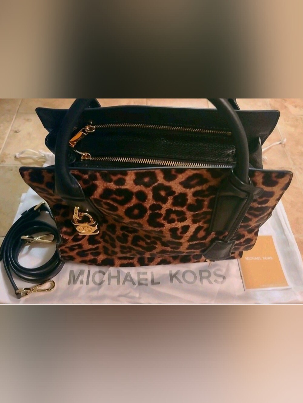 Michael Kors Black Leather Leopard Print Haircalf Satchel with Crossbody Strap
